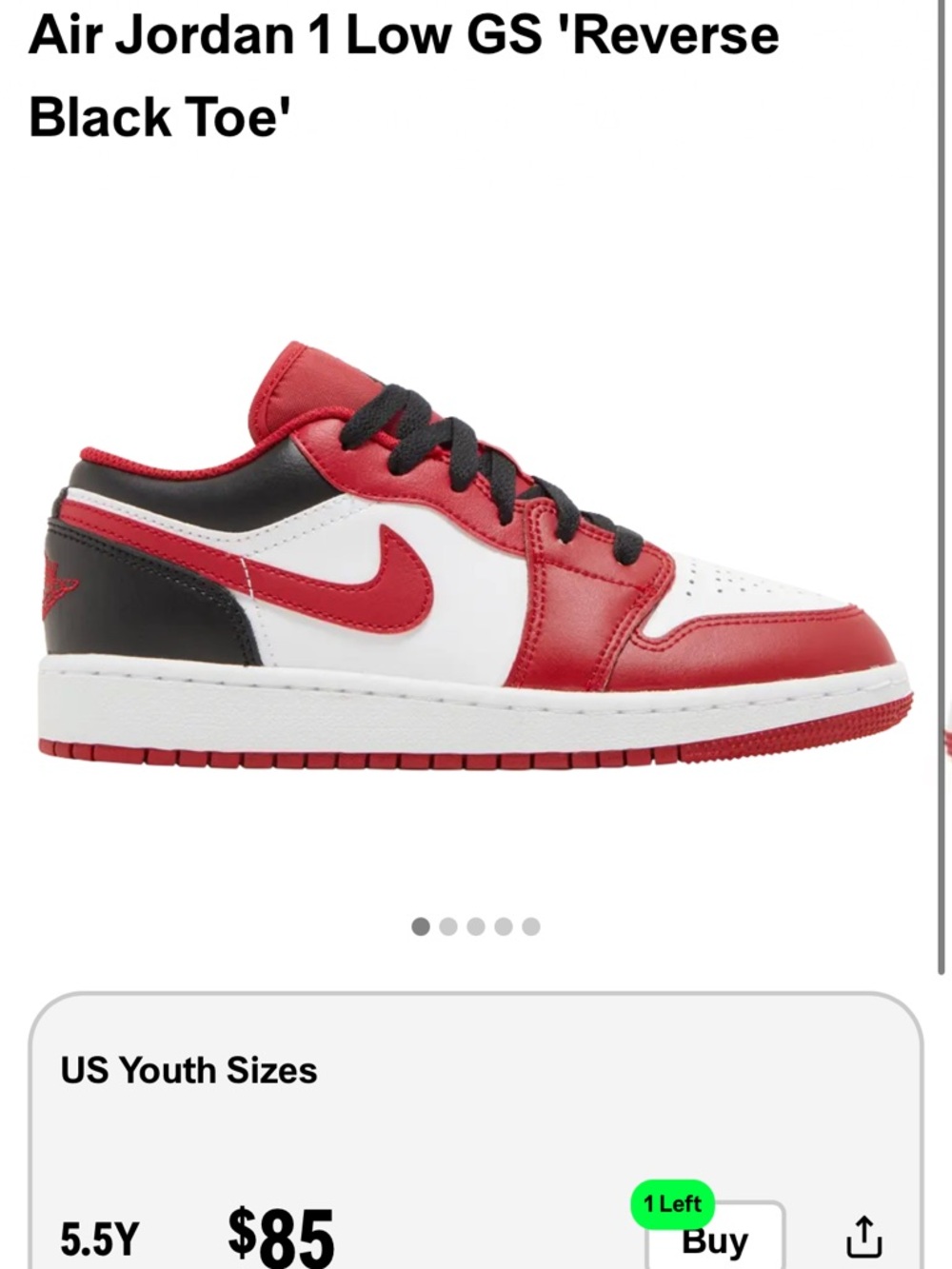 Nike Air Jordan 1 Low GS - White/Red/Black Size 6.5 Y